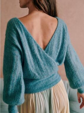 Sezane Cristina Teal V-Back Ribbed Wrap Sweater